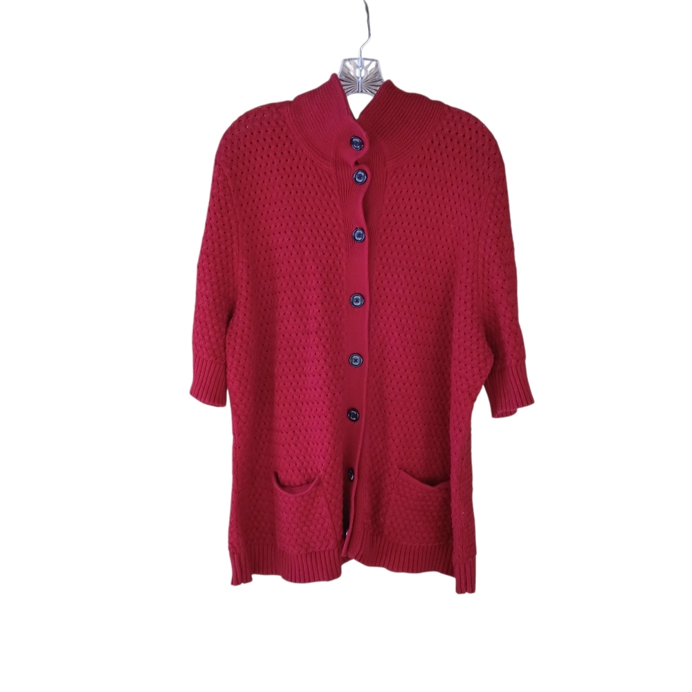 CHAPS Red Funnel Neck Half Sleeve Chunky Knit Cotton Cardigan Size 3X